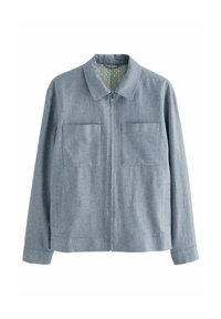 Chaqueta de color azul claro con cremallera, que presenta un cuello con solapa, dos bolsillos frontales y un forro interior texturizado con un patrón floral.