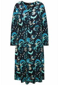 Sukienka w kwiatowy wzór z głębokim dekoltem w kształcie litery V i długimi rękawami. Wykonana z miękkiego materiału w ciemnoniebieskim kolorze, zdobiona turkusowymi i kremowymi kwiatami.