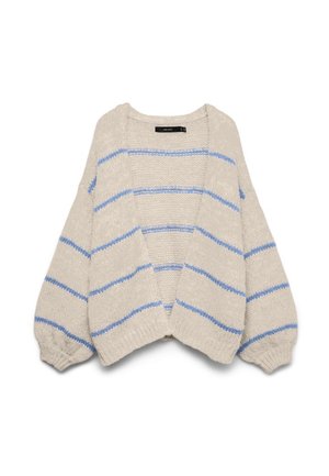 Cardigan crem deschis, grosier, cu deschidere frontală, dungi orizontale albastre deschise și mâneci lungi tip balon.