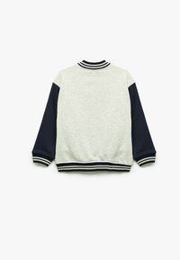 Grå sweater med marineblå ærmer, med en ribbet krave og manchetter. Blød tekstur, afslappet design og kontrasterende farvedetaljer.