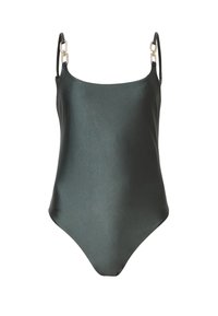 Bañador en verde oscuro, de material suave y brillante. Presenta tirantes finos con herrajes en tono dorado y un diseño de pierna alta.