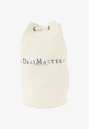 Fehér vászon vödör táska húzózsinórral, enyhén textúrázott felülettel, sötétkék "DreiMaster" logóval nyomtatva.