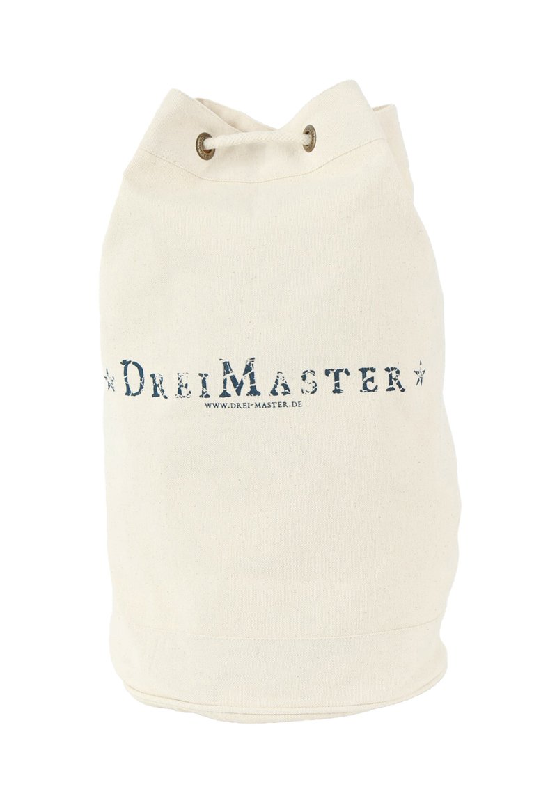 Geantă de tip bucket din pânză albă, cu închidere prin șnur, având o suprafață ușor texturată și logo-ul "DreiMaster" imprimat în albastru închis.