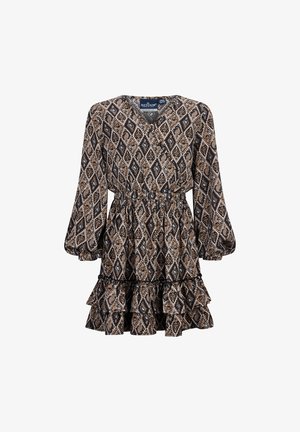 Abito a maniche corte in tessuto stampato con motivi a diamante in marrone, nero e crema. Vita elasticizzata con dettaglio a volant sul fondo. Design a V.