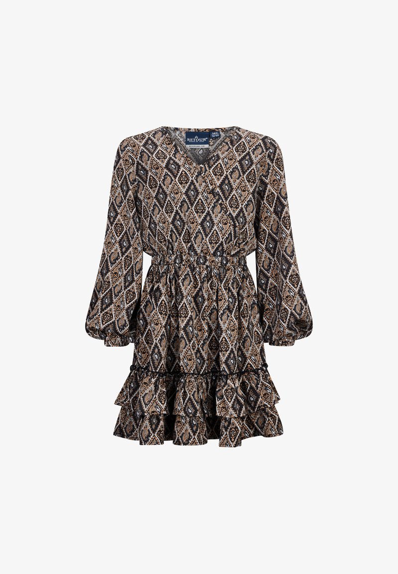 Kurzärmeliges Kleid aus gemusterter Stoff mit Diamantmotiven in Braun, Schwarz und Creme. Elastischer Taillengummi mit Rüschensaum. V-Ausschnitt-Design.