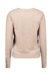 Beiger Pullover mit langen Ärmeln, rundem Ausschnitt und geripptem Saum. Hergestellt aus einem weichen Stoff mit glatter Textur und einfachem Design.
