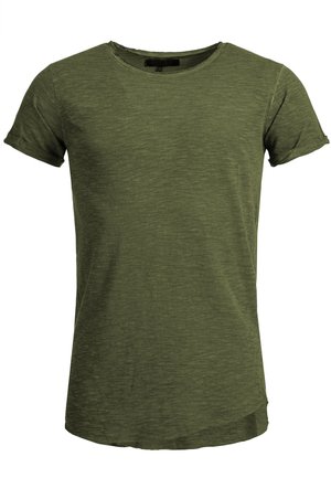 Olivgrünes T-Shirt mit kurzen Ärmeln und rundem Ausschnitt, aus einem weichen, strukturierten Stoff mit einem leicht längeren Rückensaum.