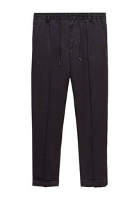 Black, lightweight trousers with an elastic waistband, drawstring detail, and cuffed hems; smooth texture and tailored fit.