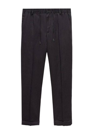 Black, lightweight trousers with an elastic waistband, drawstring detail, and cuffed hems; smooth texture and tailored fit.