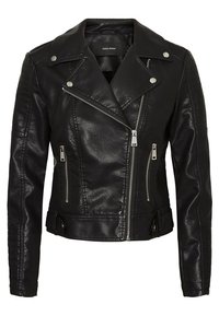 Black leather biker jacket featuring a diagonal zipper, snap buttons, and vertical stitching on the sleeves. Brand label: Vero Moda.