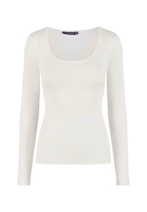 Długi rękaw, dopasowany top z miękkiej białej tkaniny. Posiada szeroką kwadratową dekolt i gładką, elastyczną fakturę. Brak widocznych wzorów lub akcentów.