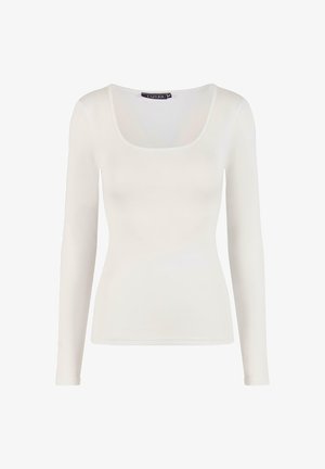 Długi rękaw, dopasowany top z miękkiej białej tkaniny. Posiada szeroką kwadratową dekolt i gładką, elastyczną fakturę. Brak widocznych wzorów lub akcentów.