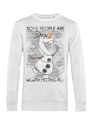 Felpa bianca con un'illustrazione di un pupazzo di neve a fumetti con un naso di carota. Il testo recita: "Alcune persone valgono la pena di sciogliersi."