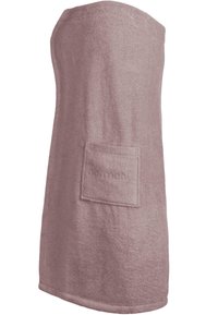 Helle rosa Frottee-Badeumhang, gerade geschnitten mit einer Tasche, die ein gesticktes Logo zeigt. Weiche Textur und einfarbiges Design.
