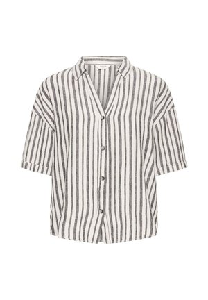 Short-sleeve button-up shirt in white and black striped linen; features a collar, relaxed fit, and a curved hemline.