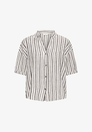 Koszula z krótkim rękawem, zapinana na guziki, w białe i czarne paski z lnu; posiada kołnierzyk, luźny krój i zaokrąglony dół.
