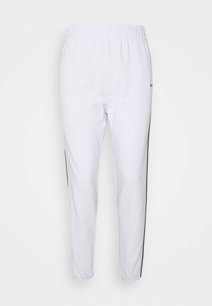 White jogger pants with an elastic waistband, featuring black and yellow side stripes. Made from a soft fabric with a smooth texture.