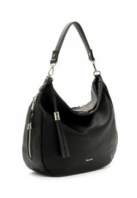 Sac d'épaule en cuir noir texturé avec poche zippée, bandoulière amovible et accent décoratif en forme de pompon sur fond blanc.