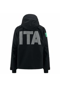 Giacca nera con cappuccio, con lettering bold bianco "ITA" sulla schiena e una piccola bandiera verde accentata sulla spalla destra.