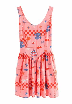 Rochie fără mâneci cu un model floral, realizată dintr-un material ușor. Are un fundal roz, desene roșii și albastre și o fustă evazată.