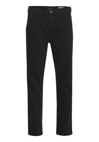 Black cotton trousers with a straight-leg fit, featuring a button closure, belt loops, and subtle stitching details. Smooth texture.