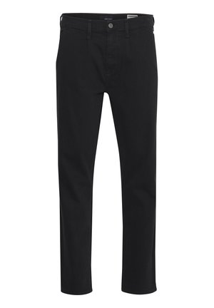 Pantalones de algodón negros con un corte de pierna recta, que cuentan con un cierre de botón, pasadores para el cinturón y sutiles detalles de costura. Textura suave.