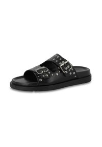 Black leather slide sandal featuring two adjustable straps with silver studs, open toe design, and a textured rubber sole.