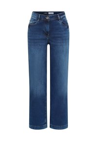 Jean en denim bleu moyen avec une coupe droite, comprenant deux poches avant et une fermeture à bouton métallique.