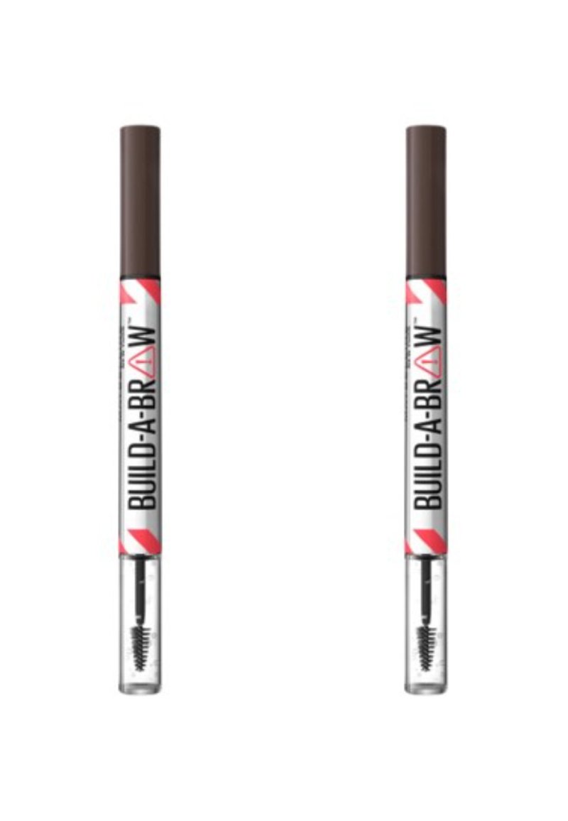 Crayon à sourcils brun avec un fond en plastique transparent révélant une brosse. Présente un texte en gras "BUILD-A-BROW" et des bandes rouges sur l'étiquette.