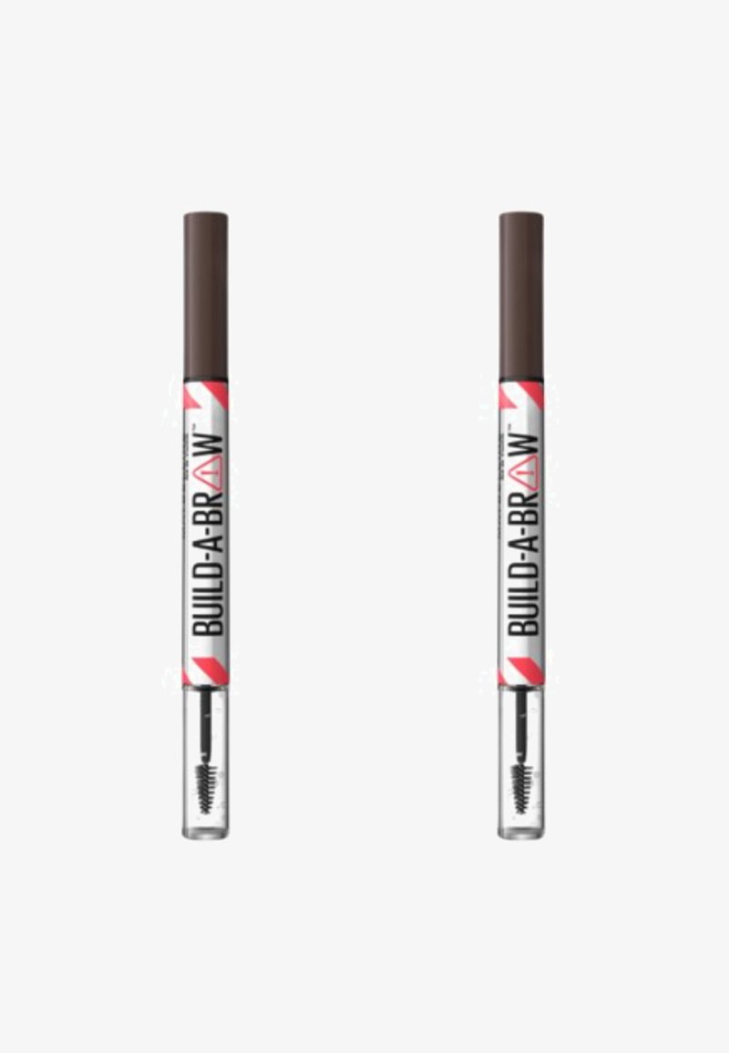 Crayon à sourcils brun avec un fond en plastique transparent révélant une brosse. Présente un texte en gras "BUILD-A-BROW" et des bandes rouges sur l'étiquette.