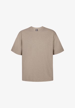 Beżowa bawełniana koszulka z krótkim rękawem, okrągłym dekoltem i prostym krojem. Wyróżnia się miękką fakturą i minimalistycznym designem.