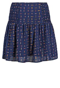 Marineblauwe rok met geplooide taille, uitlopende silhoeët en kleurrijk lippenstiftprintpatroon over de hele rok. Glad materiaal met een lichte textuur.