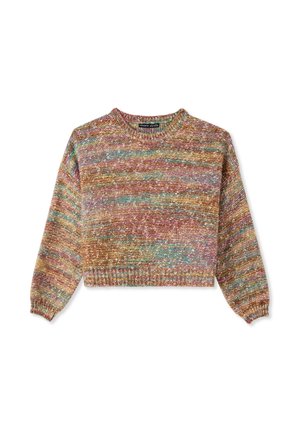 Maglione lavorato a maglia con design corto, texture multicolore con tonalità rosa, blu e marrone, polsini e orlo a coste.