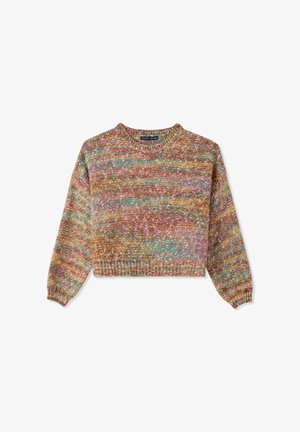 Maglione lavorato a maglia con design corto, texture multicolore con tonalità rosa, blu e marrone, polsini e orlo a coste.