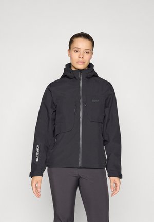 Black waterproof jacket with a front zipper, two chest pockets, and adjustable hood. Features logo on left sleeve and smooth texture.