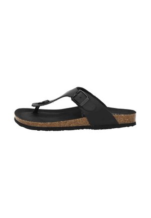 Schwarze Flip-Flop-Sandale mit Korkfußbett, verstellbarem Riemen und strukturiertem Sohlenprofil. Verfügt über ein minimalistisches Design mit einem Schnallen-Detail.