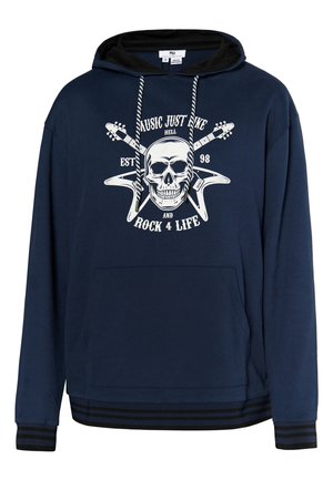 Granatowa bluza z kapturem z grafiką czaszki, skrzyżowanymi gitarami i białym tekstem; zawiera kieszeń kangurzą oraz paski na mankietach i dolnej krawędzi.