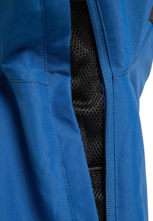 Blue jacket fabric with a smooth texture, featuring a mesh lining visible through a zipper. Accented by black detailing near the opening.