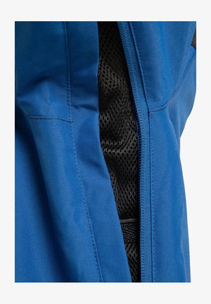 Blue jacket fabric with a smooth texture, featuring a mesh lining visible through a zipper. Accented by black detailing near the opening.