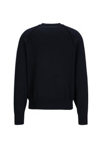 Dunkelblaues Sweatshirt mit rundem Ausschnitt, langen Ärmeln und gerippten Bündchen. Der Stoff wirkt weich und strukturiert, mit einer lässigen Passform gestaltet.