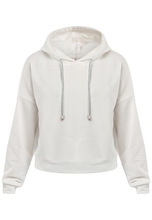 Witte cropped hoodie met een trekkoordkap, zilveren aglets en lange mouwen. Gemaakt van een gladde, gestructureerde stof.