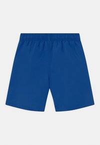 Blauwe shorts van glad, lichtgewicht materiaal. Elastische tailleband met plooien, rechte snit en geen extra patronen of accenten.