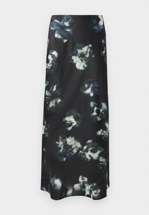 Lang svart skjørt laget av glatt stoff, med et abstrakt blomstermønster i hvite, grå og tealfarger. Detalj med splitt i siden.