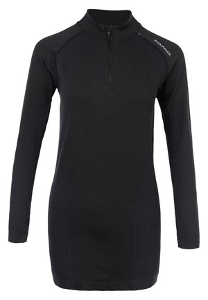 Schwarzes Langarmkleid mit Reißverschluss am Hals, einer taillierten Passform, strukturierten seitlichen Einsätzen und einem flachen Kragen. Hergestellt aus einem dehnbaren, feuchtigkeitsableitenden Material.