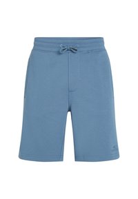 Shorts en bleu avec cordon de serrage fabriqués dans un tissu lisse, présentant une couture à l'avant, des poches latérales et un logo discret sur la jambe gauche.