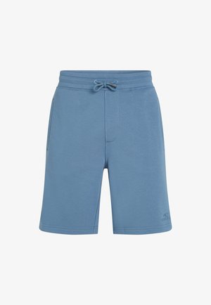 Blå snoretrækte shorts lavet af glat stof, med en front søm, sidelommer og et diskret logo på venstre underben.