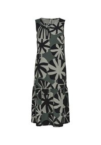 Šaty bez rukávů s volánkovým lemem, zdobené velkými černými a tmavozelenými květinovými vzory na světle zeleném pozadí. Vyrobeny z lehké tkaniny.