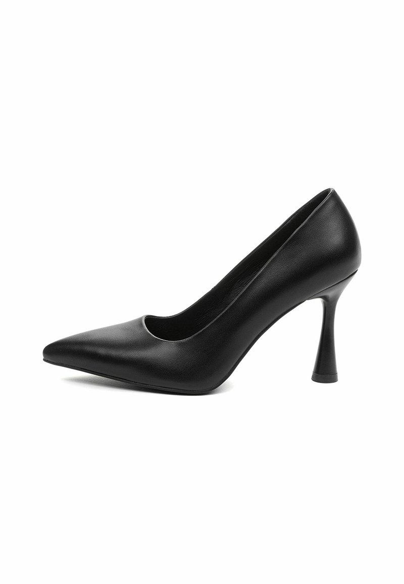 Chaussure à talon haut en cuir noir à bout pointu avec talon aiguille incurvé, vue de profil sur fond blanc.