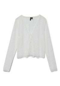 Vit spetskort cardigan med V-ringning, långa ärmar och tre knappknäppning fram. Vågiga kanter ger detalj.