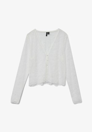 Vit spetskort cardigan med V-ringning, långa ärmar och tre knappknäppning fram. Vågiga kanter ger detalj.
